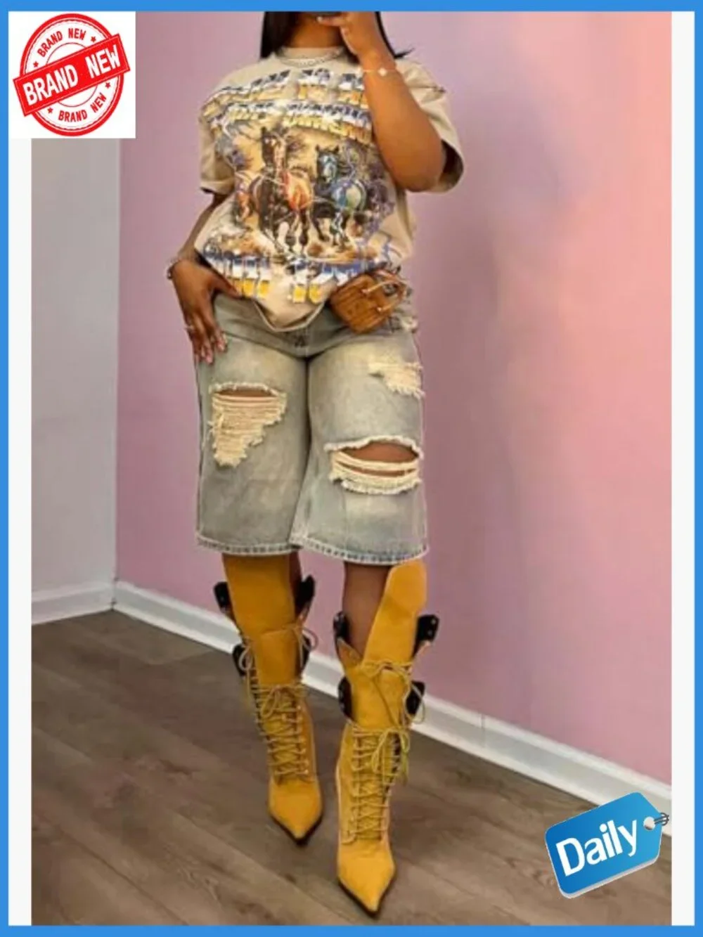 Baggy High Waisted Distressed Ripped Wide Leg Bermuda Jean Shorts Women Y2k